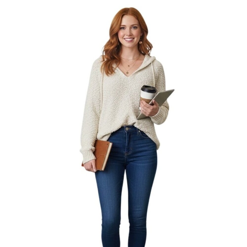 POL Popcorn Oversized Hoodie Sweater S Boucle Knit Tunic Cream Lagenlook Cozy